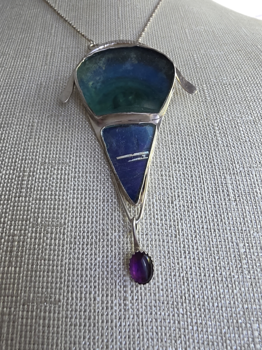 Vintage Jackie Cohen Signed 925 Ancient Roman Glass & Amethyst Pendant Brooch - Picture 5 of 10